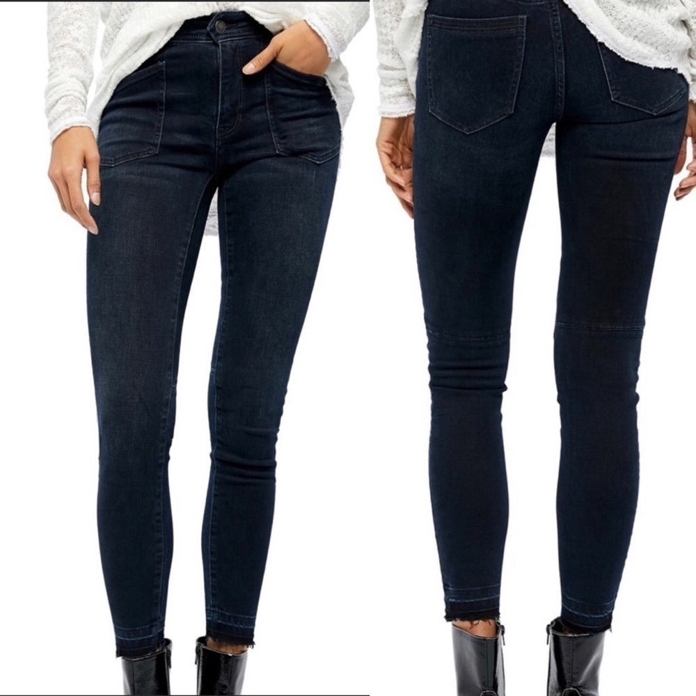 NEW Free People Ivy 26 Mid Rise Raw Hem Dark Wash Skinny Cotton Stretch Jeans